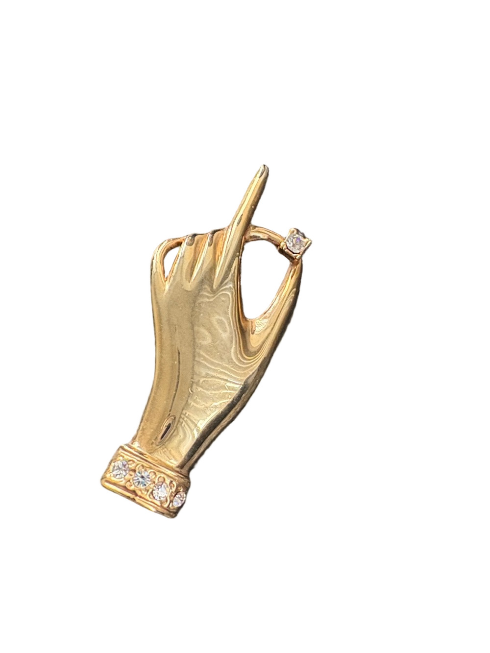 Vintage Gold Colour Hand-Shaped Pin Brooch with Rhinestone Accents ( M.Jent)